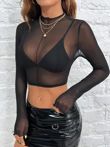 Viral Y2K Sheer Mesh Long Sleeve Crop Top for Women | Sexy See Through Mock Neck T-Shirt | Baddie Aesthetic Clubwear Going Out Top | Trendy Edgy Streetwear | Date Night Party Rave Outfit | Slim Fit Black Mesh Tee TikTok Must Haves