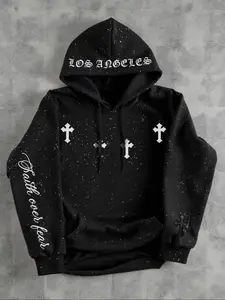 Men's Hooded Sweatshirt, Dark Gothic Cross Element Hooded Sweatshirt, Starry Sky Dyeing Process Pullover, Kangaroo Pocket, Graphic Print Hoodie, Loose Drawstring Hooded Sweatshirt, Suitable For Daily Vacation Outdoor Wear, Fall Outfits & Winter Outfits
