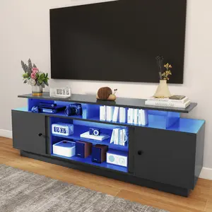 DWVO Modern TV Stand for TVs Up to 75'', Entertainment Center with Light Strip, TV Shelf with Storage Cabinets & Movable Partition, TV Console for Living Room, 70 Inch