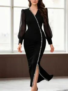 Elegant and slim-fit split dress for ladies, black mid-length bodycon dress with chiffon sleeves | sequins and lace, suitable for autumn and winter business dinners, holiday parties, evening gowns, cocktail parties, wedding bridesmaid dresses Formal Wear