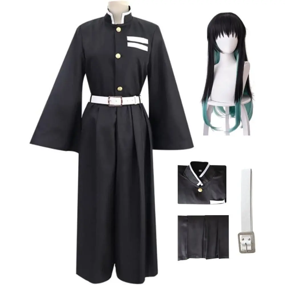 Mens Demon Cosplay Costume, Japanese Anime Cosplay Black Team Uniform Kimono Outfit with Belt, Halloween Outfit, Party Costumes