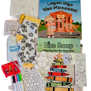 Kolor Klub Kit with color your own socks coloring book magnet postcard keychain ornament sticker bookmark 3D printed dinosaur prize bag hot cocoa markers signed children's book by Kara hope for gifting relaxing