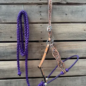 Purple Floral Tooled Lariat & Leather Combo Halter Adjustable Horse Size 