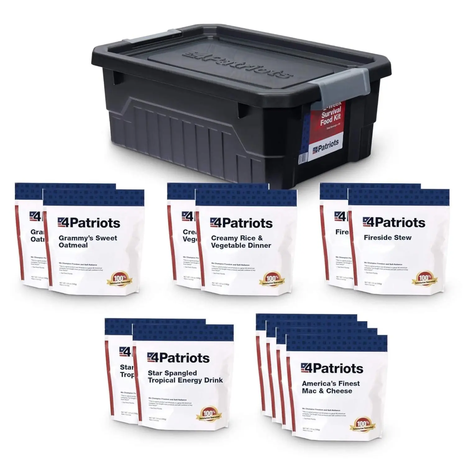 4Patriots 2-Week Survival Food Kit 84 Servings Emergency Food Supply 25-Year Shelf Life Disaster-Resistant Packaging Family-Favorite Recipes Easy Prep Ready in Minutes with Grammy's Sweet Oatmeal Fireside Stew America's Finest Mac & Cheese - Containers