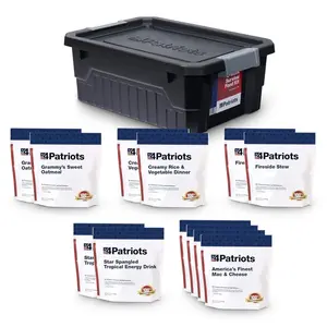 4Patriots 2-Week Survival Food Kit 84 Servings Emergency Food Supply 25-Year Shelf Life Disaster-Resistant Packaging Family-Favorite Recipes Easy Prep Ready in Minutes with Grammy's Sweet Oatmeal Fireside Stew America's Finest Mac & Cheese - Containers