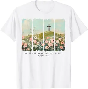 Christian Easter Wildflower T-Shirt - 'He Is Not Here, He Has Risen' Cross Graphic Tee, Ideal Gift for Believers, Church Outfits & Easter Celebrations PLK0110