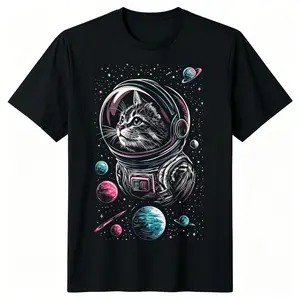 Funny Astronaut Cat T-Shirt, Cute Space Cat Graphic Tee, Casual Cotton Shirt, Cat Mom Gift, Trendy Streetwear Tee