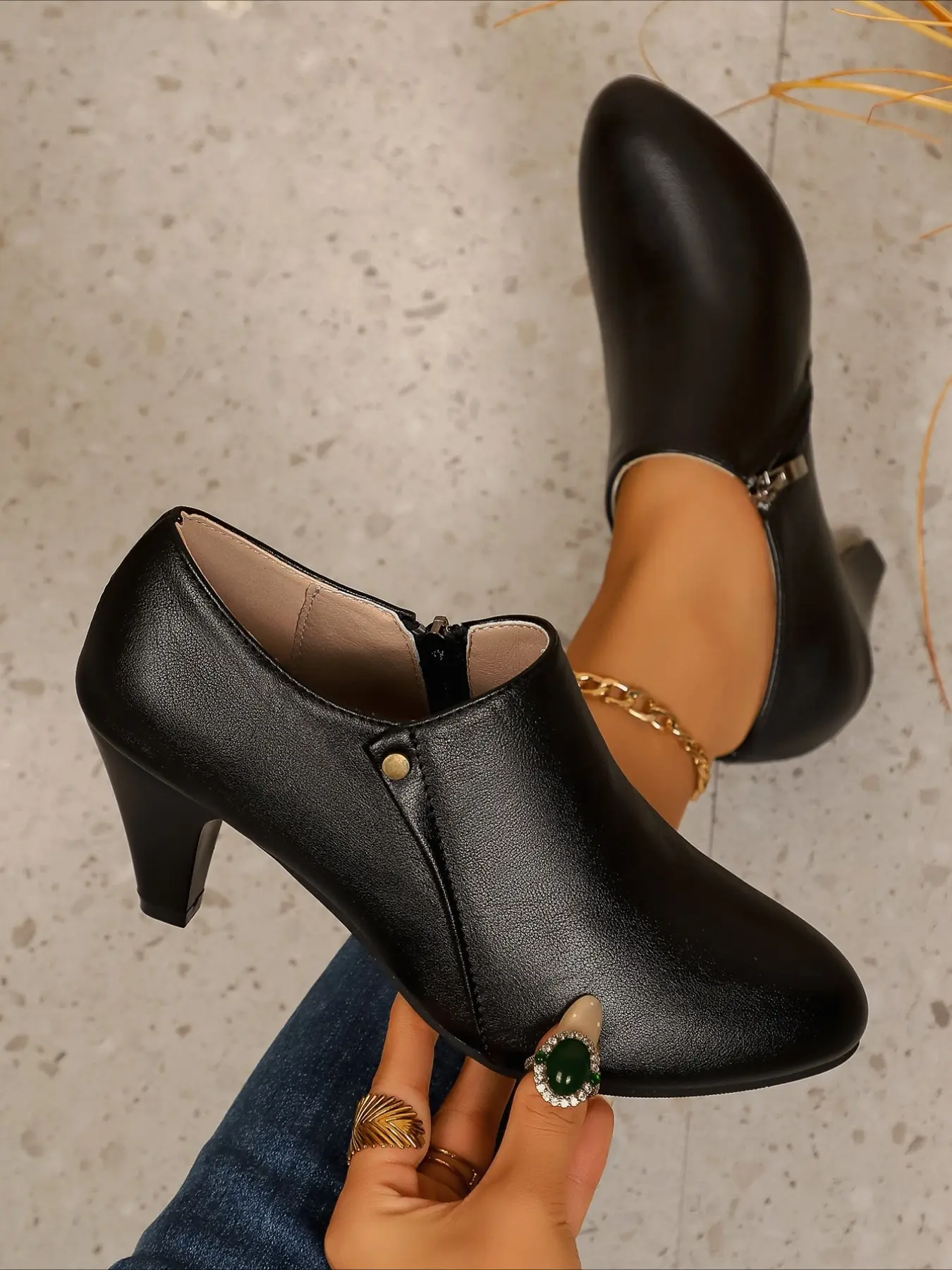 Black Block Heel Zipper Ankle Boots for Women, Office Heeled Shoes, Business Formal Boots