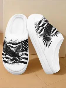 Men’s Casual Plush Warm Slippers White American Eagle Graphic Comfortable Patriotic Indoor Home Slippers for Veterans