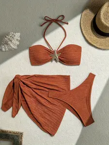 Women'S Sexy Solid Color Bikini Set, 3pcs Knit Fabric Swimsuit with Medium Stretch, Polyester 82% & Elastane 18%, 210gsm - Summer Beachwear