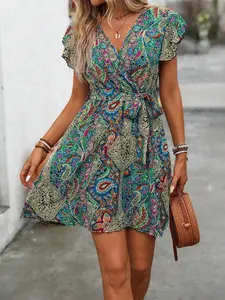 1 Piece Women's Paisley Print V-Neck Fit & Flare Dress, Ruffle Short Sleeve, Tie Waist