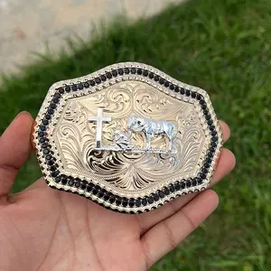 Western Cross Horse Engraved Belt Buckle – Black Stone Trim Cowboy Buckle