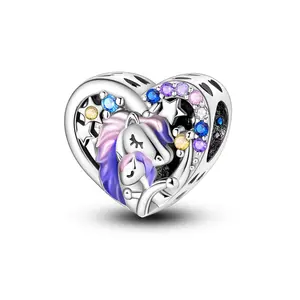 MULA S925 Silver-plated Enamel Unicorn Heart Pendant with Colorful Cubic Zirconia - Matches with Pandora Bracelets and Necklaces, a Magical Jewelry Gift for Girls, Teens, Women