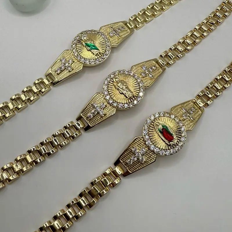 Bracelet San Judas Tadeo  / Virgencita Religious Bracelet with Stones unisex Gold plated 20cm. San Judas Tadeo Round Medal. Available in Green and Gold