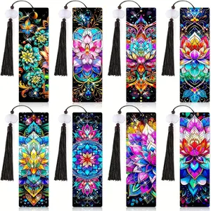 8-piece set of diamond painting set, tassel bookmark, flower pattern, acrylic material with round shaped crystal gemstone embellishment, can be used as a library book reading mark, holiday gift, Book Accessories