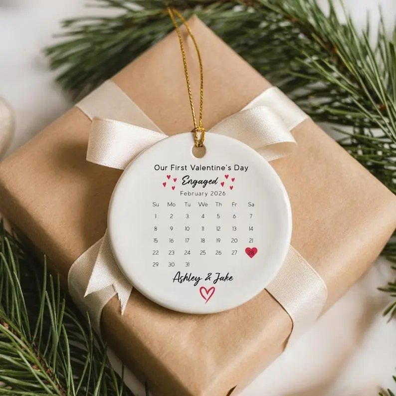 Custom NAME DATE Our First Valentine's Day Engagement Ornament, Valentine ornament for Couples