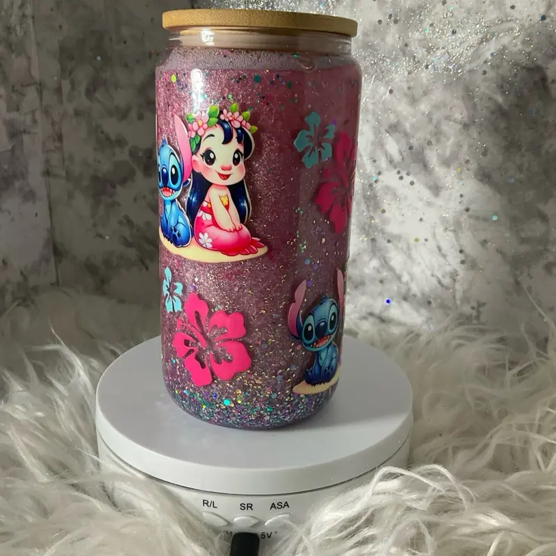 Candy 16oz Class Snowglobe Cups with Glittery Ice Cream Design and Wooden Lid Featuring Stitch and Lilo Characters Bottle