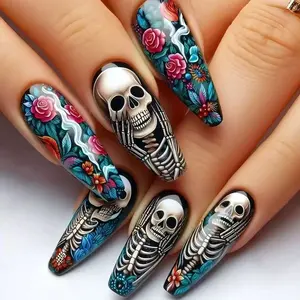 Halloween Gothic Dark Press-On Nails |   Skull & Floral Long Stiletto Nails, Dia de los Muertos Punk Style Removable Fake Nails