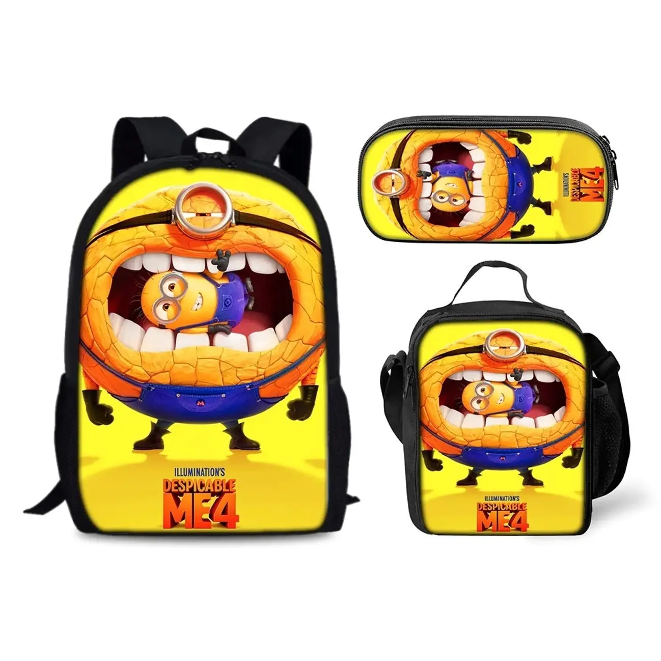 Cute Funny Yellow Guys Backpack Set | 3Pcs Schoolbag Insulated Lunch Bag Pencil Case | Back to School Gift for Kids