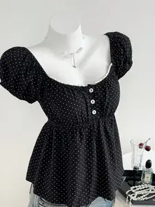 Ladies Fashion Slim Fit Top with Lace U-Neck & Polka Dot Hem, 2026 Summer New Three-Button Casual Blouse