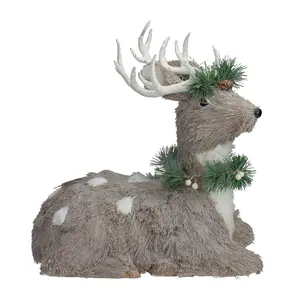 Northlight 14" Gray Sitting Sisal Reindeer withWreath Figure