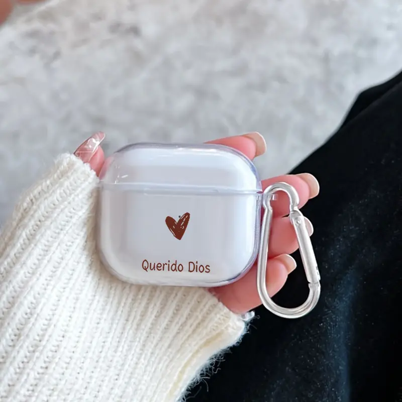 Heart - Felt Prayer Pattern TPU Soft Protective Case for Apple AirPods 4/3/2/1/Pro/Pro2 Transparent Earphone Cover with Keychain Attachment
