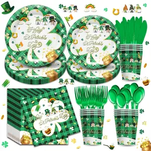 168pcs St Patricks Day Party Supplies - Irish Themed Tableware with Lucky Green Shamrock Plates, Cups, Napkins, Cutlery for 24 Guests
