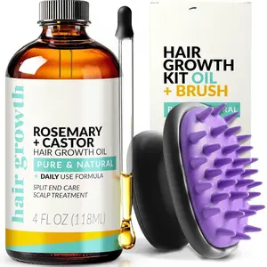 Organic Rosemary & Castor Hair Growth Oil + Scalp Massager Set – Hair Styling Oils for Dry, Itchy Scalp, Thickening & Hydration - Scalp Oil Products For Damaged Hair & Split Ends – 4.0 oz
