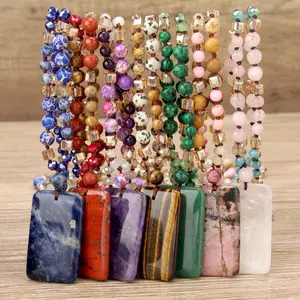 Women’s Handmade Craft Natural Rhodochrosite Square Pendant Necklace - Long Chains, Natural Stone Beads, Bohemian Look Faceted Glass Knot Jewelry for Daily Wear, Holiday Gifting