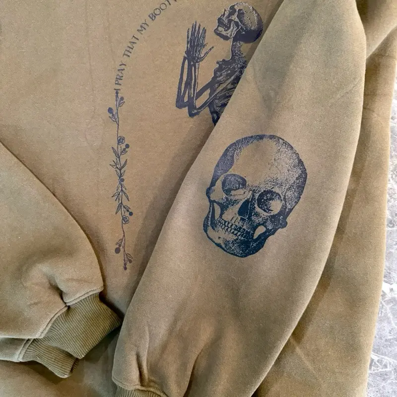 Olive Green Skeleton Prayer Graphic Crewneck – Women’s Oversized Pullover Sweatshirt