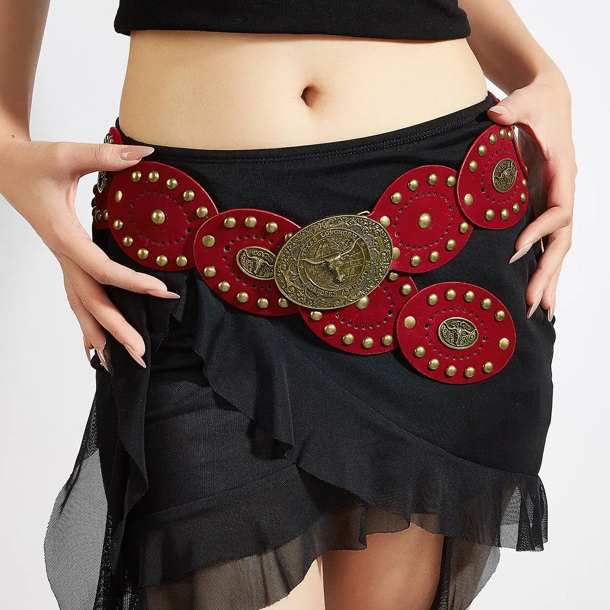 BIGWIG Women's Western Cowboy Wide Belt - PU Leather Patchwork, Antique Copper Rivets, Bohemian Carved Bull Head Buckle, Fashion Clothes Accessory Belt, Belts summerwins