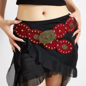 Women's Western Cowboy Style Wide Belt, PU Leather Patchwork, Antique Copper Rivets, Bohemian Carved Bull Head Buckle