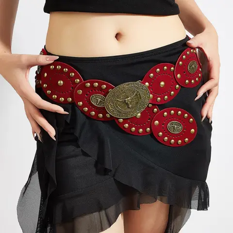 BIGWIG Adjustable Faux Leather Women's Western Wide Patchwork Belt - Antique Copper Rivets, Bohemian Carved Bull Head Western Belt Buckles, American Cowboy Fit Adults, Bohemian Vibe, Easy to Style, All Season Casual Wear