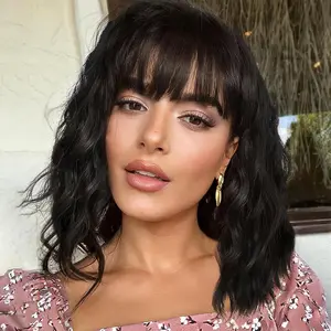 CHAOEE Bob Curly Wig Synthetic Short Black Wig with Bangs Natural Looking Heat Resistant Fiber Hair for Women Curly Brown Bob Wig with Blonde Highlights