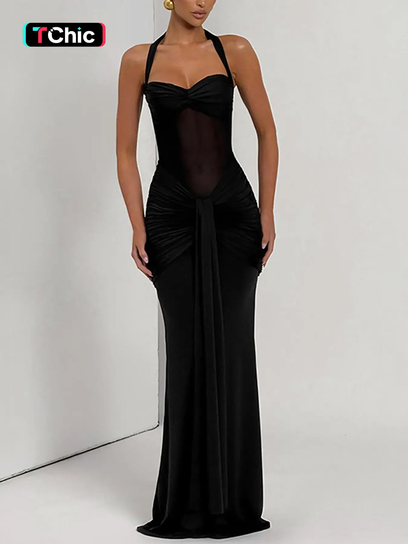 Women's Solid Color Mesh Patchwork Breathable Fabric Halter Neck Long Slim Fit Dress, Fashion See Through Sheer Sleeveless Backless Tie Back Dress, Casual Elegant Lady Clothing for Spring + Summer, Bodycon Evening Dress, Womenswear