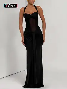 Women's Solid Color Mesh Patchwork Halter Neck Long Slim Fit Dress, Fashion See Through Sheer Sleeveless Backless Tie Back Dress, Casual Elegant Lady Clothing for Spring + Summer, Womenswear