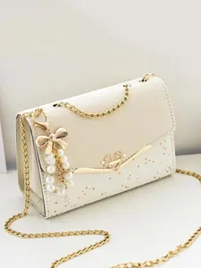 Women's Colorblock Sequin Star Pattern Crossbody Bag, Elegant Chain Shoulder Strap Handbag, Fashion Pearl Pendant Clutch, Large Capacity, Pu Leather Crossbody, Fashionable Unique Bags