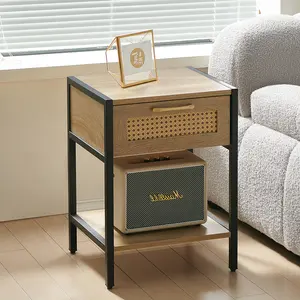 【GOOGREAT】15.74" Rattan End table with  drawer, Modern nightstand, metal legs,side table for living room, bedroom,natural(1 pc)