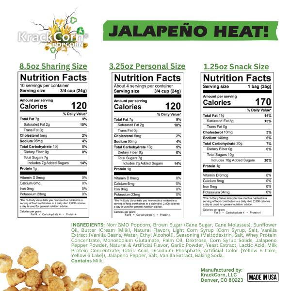 KrackCorn Popcorn Mixed Trial 3-Pack! Three Delicious Flavors. Original Crunchy Caramel. Savory Cheddar Cheese. Spicy Jalapeno Heat. Gluten Free. Non-GMO.