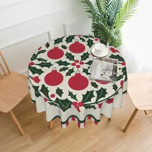 Christmas Themed Tablecloth, 1 Count   Leaves  and  Fruit Tablecloth Holiday Round Tablecloth, Home Decoration for Christmas Holiday Party