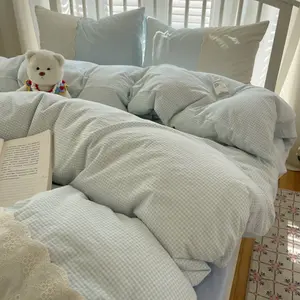 Sophia Gingham Lace Washed Cotton Bedding Set / Ocean Blue