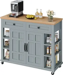 Yitahome Kitchen Island with Storage Cabinet, Rolling Kitchen Cart on Wheels, Americana Kitchen Island Cabinet with Open Shelves for Kitchen Dining Room, Thicker Rubberwood Top