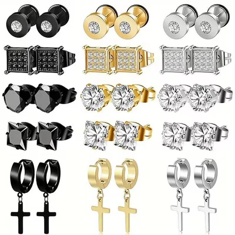 Men's 5-Pair 304 Stainless Steel Earrings - Inlaid CZ Stud, Cross Dangle, Hinged Designs