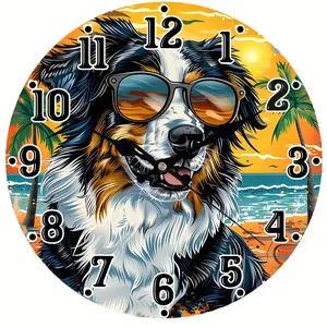 Shepherd Dog Surfing Beach Scene Pattern Wall Clock, 1 Count Round Silent Wall Clock, Home Decor for Living Room Bedroom, Office, Bar Decor, Gifts for Dog Lovers, without Battery