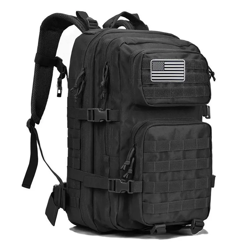 BIGWIG 45L Unisex Tactical Backpack - Polyester 3-Day Assault Bug Out Pack, 33*50*21cm Durable Adjustable Survival Rucksack with Flag Patch, Double-Stitched Zip, Hydration Compatible for Hiking, Gym