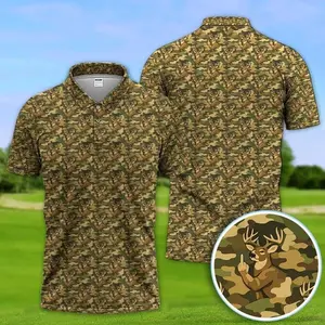 Deer Camo Pattern Golf Polo Shirt for Men, Hunting Inspired Performance Golf Polo