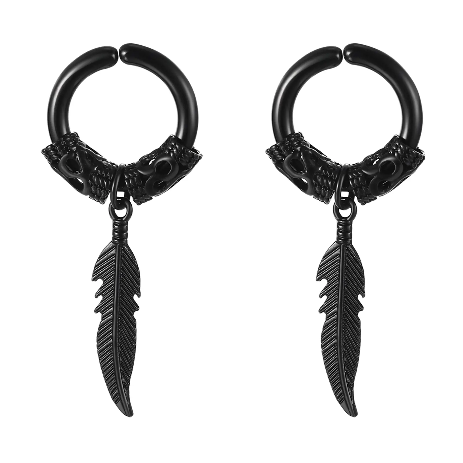 OIDEA Men's Unisex Compact Clip-On Stainless Steel Viking Feather Drop Huggie Hoops - Goth, Casual Non-Pierced Grunge Earrings, High-Quality Birthday & Father's Day Gift Option
