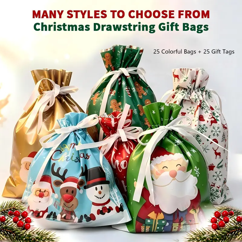 Christmas Gift Bags, Christmas Candy bags (25 Gift Bags + 25 Gift Tags), Reusable Drawstring Gift Bags in 2 Sizes, Candy Treat Bags, Christmas Goodie Bags, Holiday Gift Sacks & Party Favor Bags With Assorted Patterns.sohochic#tiktokshopstockup techvibes