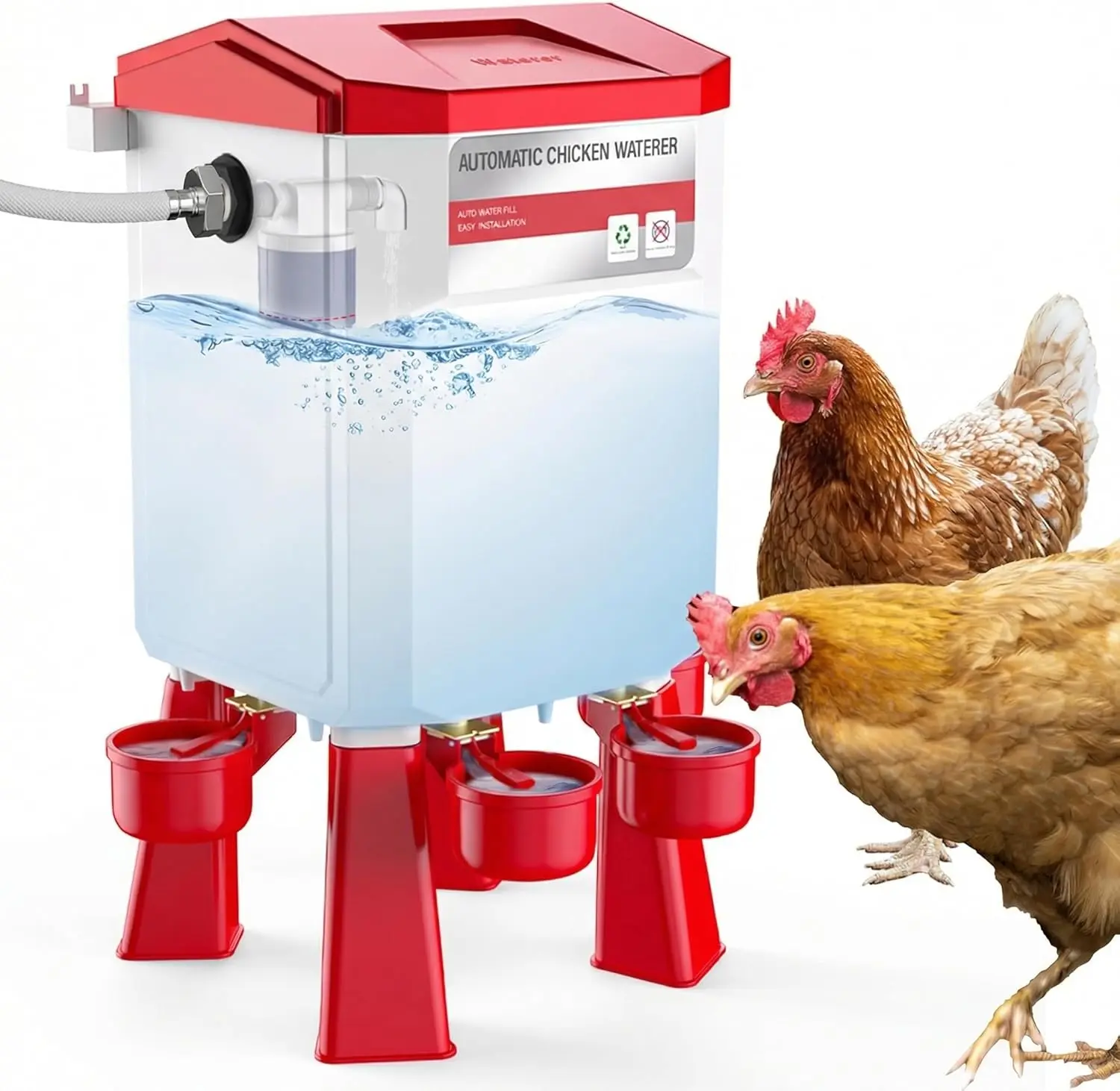 2 Gallon Automatic Chicken Waterer with Float Control, Hanging & Standing Poultry Water Feeder for Chickens, Ducks, Quail, Connect to 3/4'' Faucet & Hose, Easy Installation & Reliable Supply (Red)