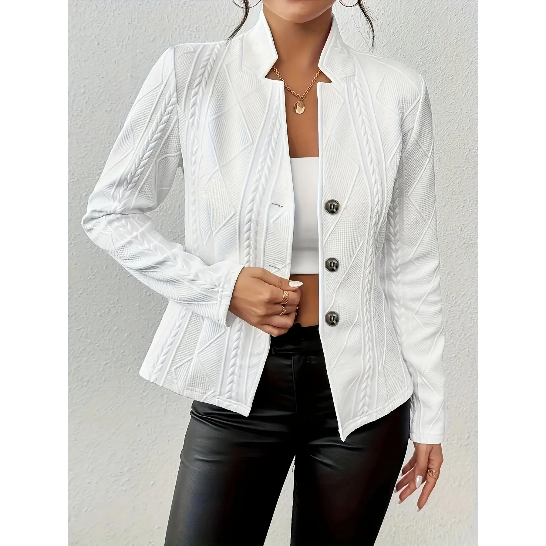 Elegant Black Textured Fabric Blazer for Women - Long Sleeve, Button-Up, Single-Breasted, Fall/Winter Collection, Stylish Double-Breasted Design with Lapel Collar, Perfect for Casual or Professional Outfits, Autumn Winter Apparel |     Doublebreasted Blaz